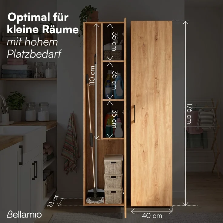 Bellamio 'Apol' Mehrzweckschrank schmal, Eichenoptik, 176x33x40 cm, Besenschrank mit Staubsaugerfach und 3 kleinen Fächern – Bild 6