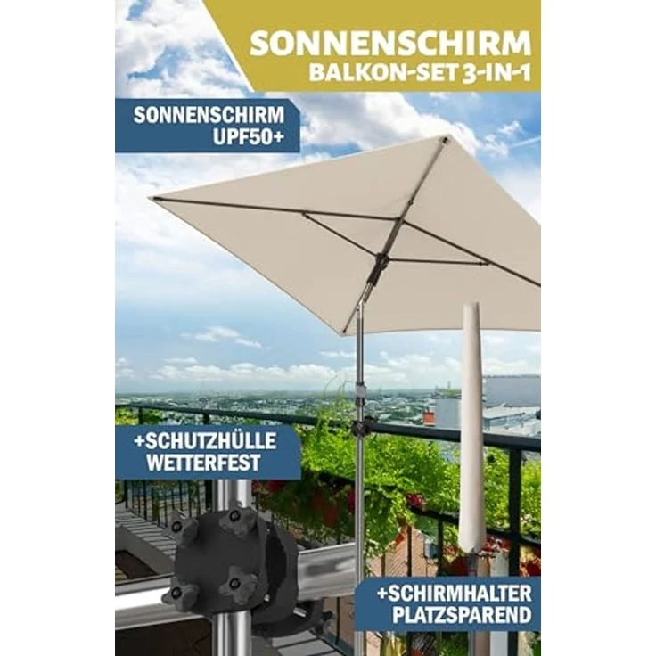 Menz Sonnenschirm Balkon - 3-IN-1 Sonnenschutz Balkon SET in Beige, UPF 50+ Sonnenschirm rechteckig 200x125 cm + stabiler Sonnenschirmhalter Balkongeländer + Sonnenschirmhülle – Bild 2