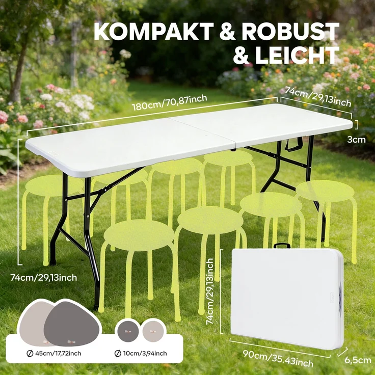 Eiryss Klappbarer Gartentisch 180x74cm, Outdoor Campingtisch für 8 Personen, weiß mit Kunststoffplatte & Metallrahmen, belastbar 150kg, 3 Sicherheitsverschlüsse, Buffetstisch für Garten, Balkon – Bild 3