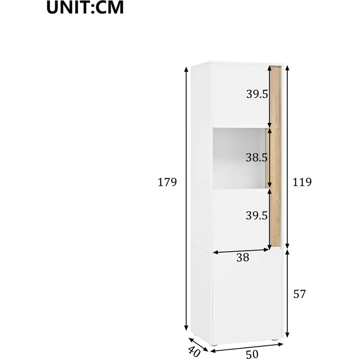 Vitrine, Aufbewahrungsmöbel, hoher Schrank mit LED-Beleuchtung, 2 Türen (eine davon aus Acryl). Geeignet für Wohnzimmer, Büros und Küchen. Weiß+Natural. Maße: B50 x T40 x H179 cm. – Bild 8