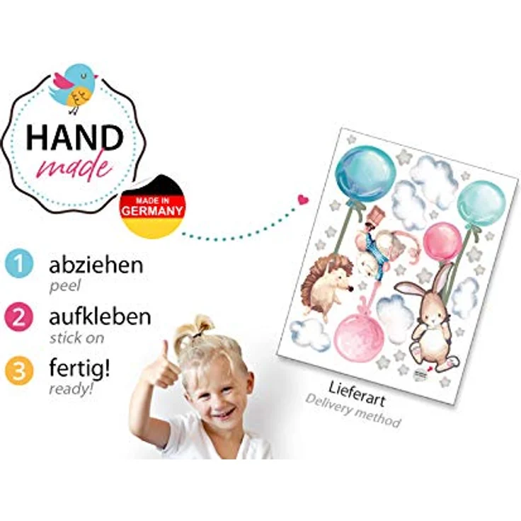 Montegoni Wandsticker Kinder Tier Heißluftballon Wandsticker,Wandaufkleber Deko (Wandtattoo mit Waldtieren für Kinderzimmer, aquarell tiere heißluft ballon wolken aufkleber), wasserdichte abnehmbare, kindergarten haus dekoration – Bild 5