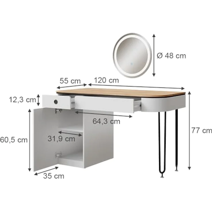 Vichy Schminktisch Mia, Weiss/Naturholz, 120 cm mit LED-Beleuchtung und grosszügigem Spiegel (55 x 55 x 77 cm) – Bild 3