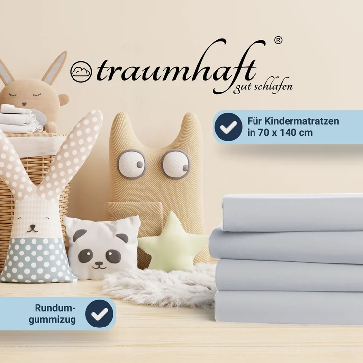 Traumhaft gut schlafen Spannbetttuch für Kinder, 100% Baumwolle, 70x140 cm, versch. Farben, Farbe: Hellgrau, Größe: 70 x 140 cm – Bild 4