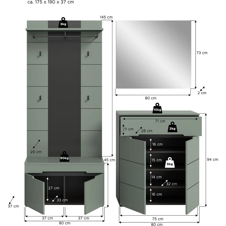 Garderobenkombination (B/H/T: 175x190x37 cm) in Smoke Green Nachbildung – Bild 4