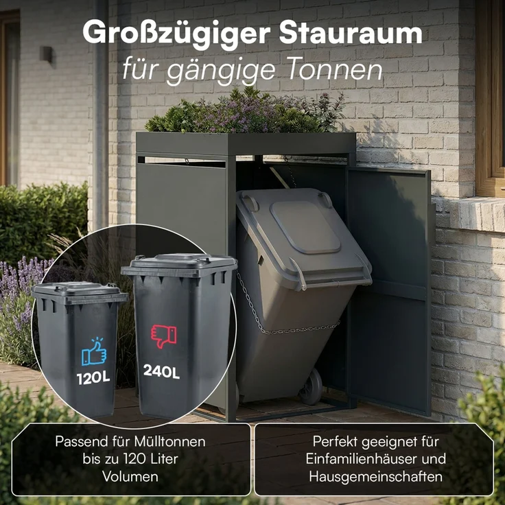 STEELSØN 'Thoria' Mülltonnenbox 1er je 120 Liter, anthrazit, Mülltonnenverkleidung aus Stahl, wetterfest, 111x62x60,5 cm, Müllbox mit Pflanzendach für 1 Tonne – Bild 2