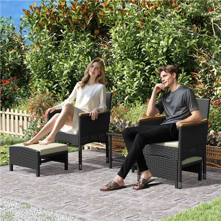 Yaheetech Gartenlounge-Set mit Sessel, Fußhocker & Kaffeetisch, Rattan-Optik, Schwarz & Beige – Bild 3