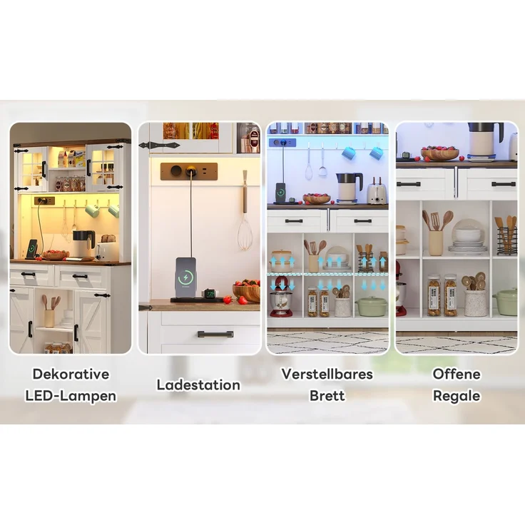 ZUBALIYA Buffetschrank 100x40x172 cm, mit LED-Beleuchtung, mit Steckdosen, mit verstellbaren Einlegeböden, aus MDF, Braun / Weiß – Bild 9