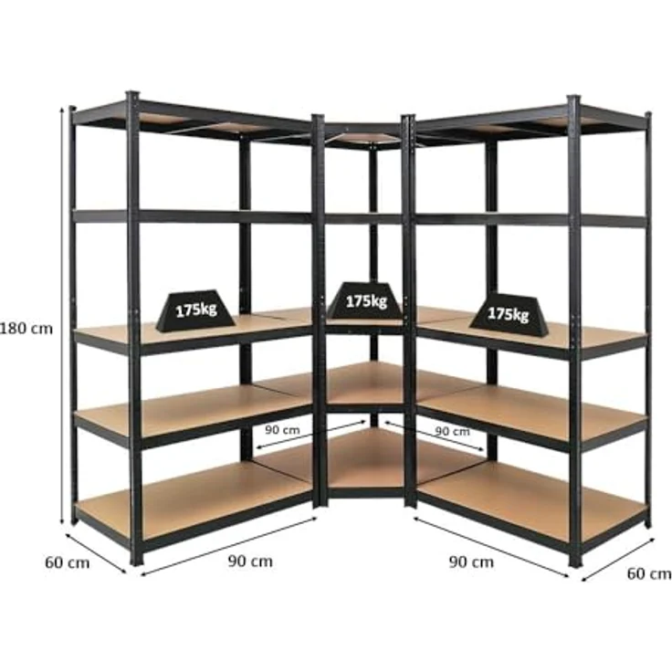 PROREGAL Mega Deal Eckregal Ragnar 1x: 180 x 90 x 60 cm | Taurus 2X: 180 x 90 x 60 cm Schwarz Fachlast 175kg, Kellerregal, Steckregal, Garagenregal, Lagerregal – Bild 3