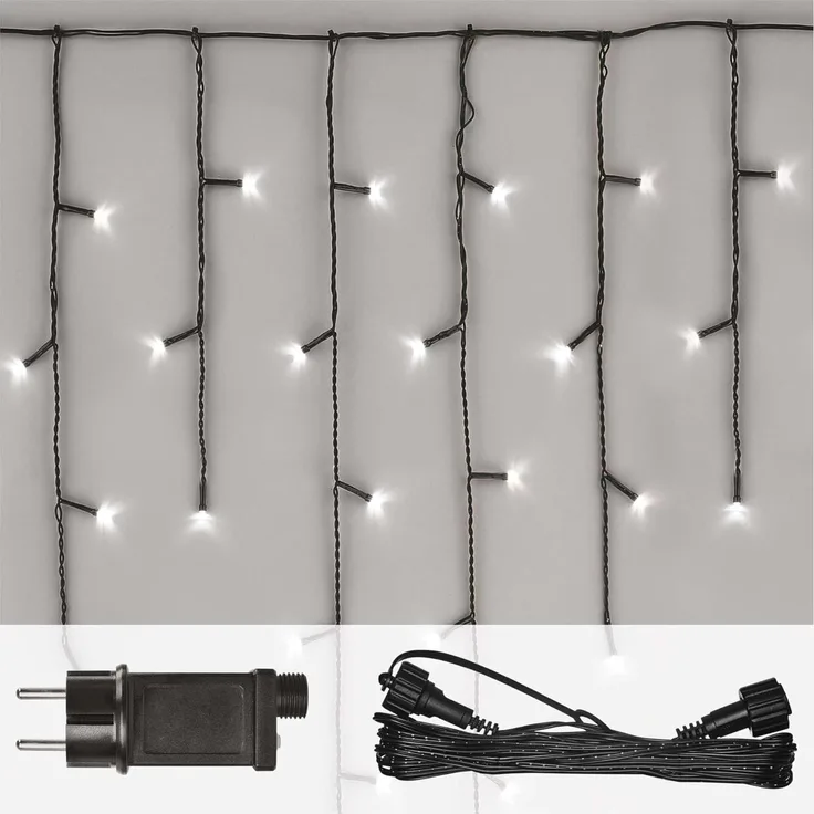 EMOS Connect System Basis Set Standard, 2,5m Eisregen Weihnachtslichterkette + 5m Verbindungskabel + Netzteil mit Timer, 100 LEDs, IP44 für Innen und Außen, Kaltweiße Lichtfarbe, 6/18h Leuchtmodus