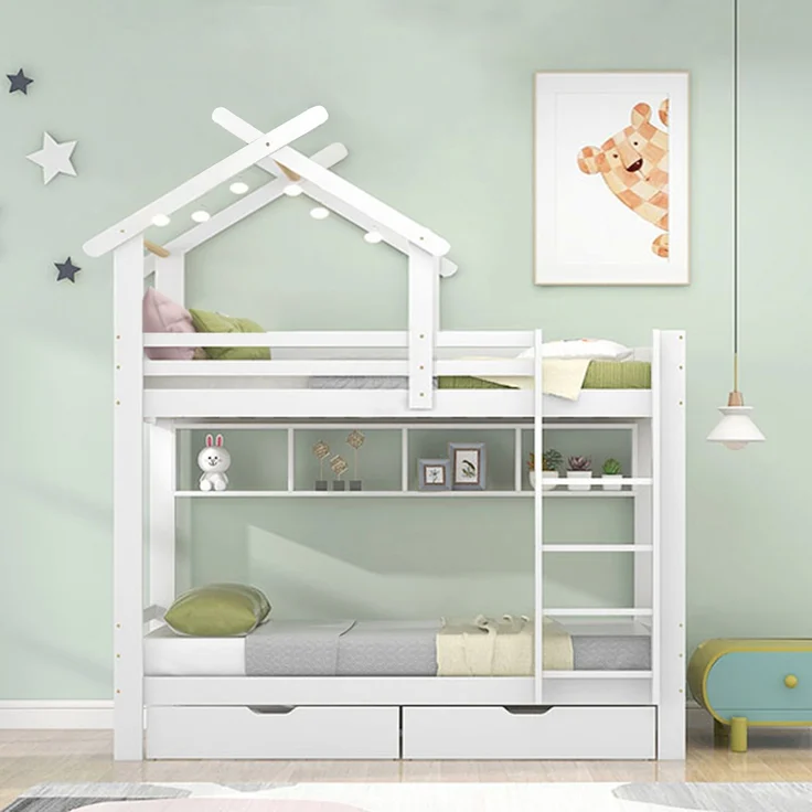 Merax Etagenbett mit Schubladen und Regalen, Hausbett mit dreistufige rechtwinklige Leiter, Kinderbett mit Fallschutz und Gitter, Rahmen aus Kieferholz, Weiß (90x200cm) – Bild 1