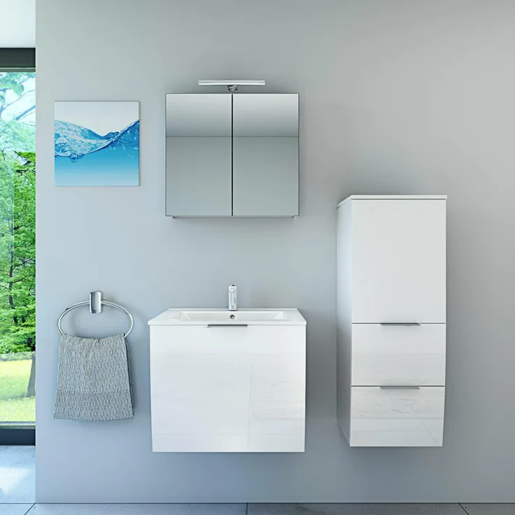 Badmöbel Set Gently 1 V2 R Weiß MDF Waschtisch 60cm mit 5W LED-Strahler / Energiebox