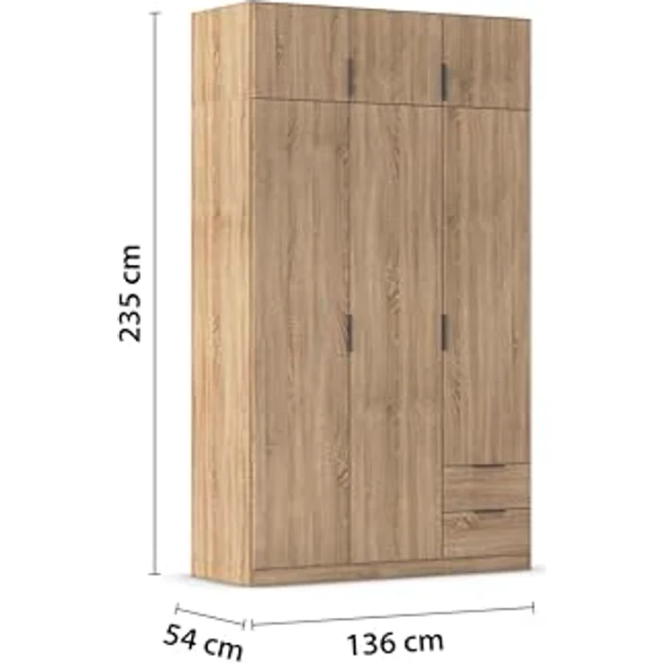 Rauch Möbel Lagoa, Kleiderschrank, Garderobe für Schlafzimmer, Kinderzimmer, Jugendzimmer 6-türig, 2 Schubladen, mit Zubehör Premium, Farbe Eiche Sonoma, Holz, Breite 136 – Bild 4