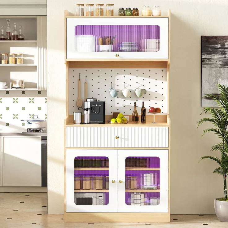 EINHOM Highboard mit verstellbaren Regalböden und Schubladen, Küchenschrank mit LED-Beleuchtung und Riffelglas, Ideal für Esszimmer, Wohnzimmer und Küche (Natur) – Bild 1