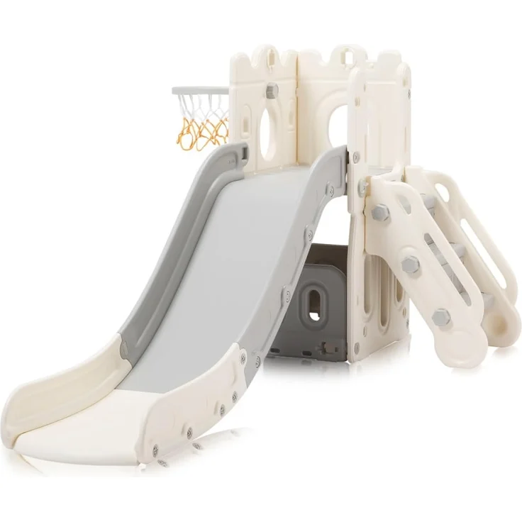 Baby Vivo Kinderrutsche / Rutsche mit Basketballkorb - Schloss in Grau / Beige – Bild 2