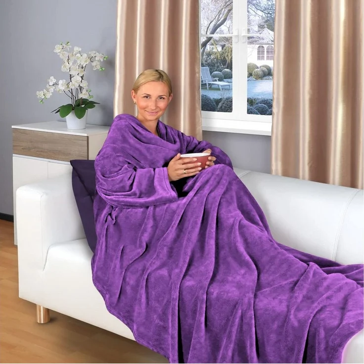 Wohndecke flauschige, tragbare Kuscheldecke mit Ärmeln und Fußtasche, Gräfenstayn, warme Ärmeldecke - TV Decke zum Anziehen - 180x150cm lila – Bild 1
