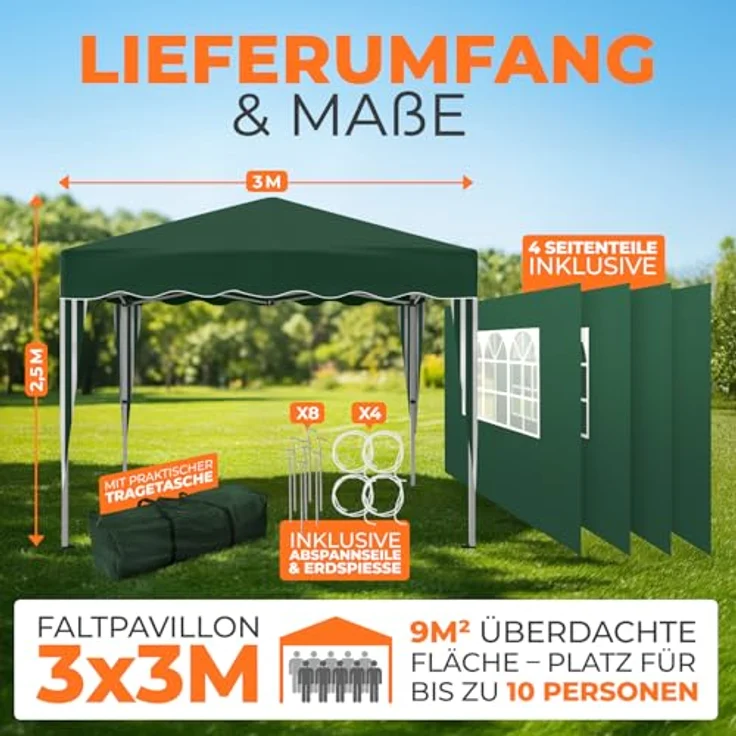 Faltpavillon 3x3 m - wasserdicht - mit 4 Seitenteilen, grün – Bild 3