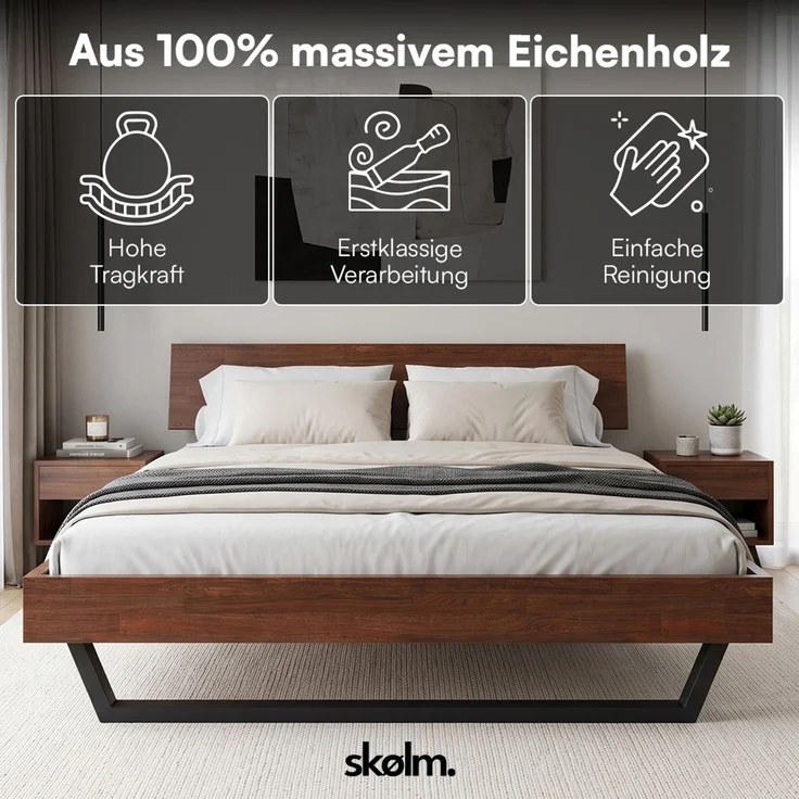skølm 'Alver' Bett 180x200 cm, Bettgestell, natur geölt, Massivholzbett aus Eiche mit Metallkufen, Walnuss Optik, Bettkopf 1 Strebe – Bild 2