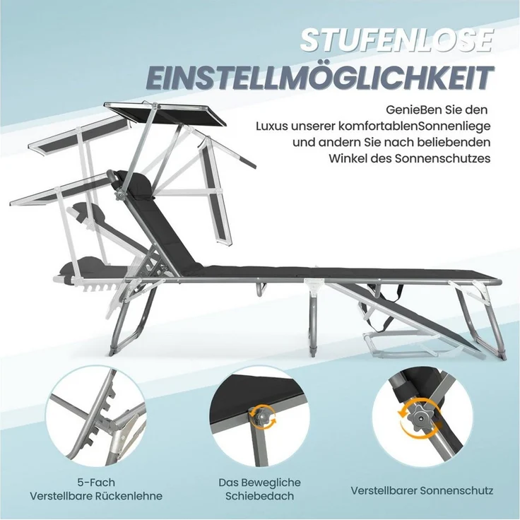 Homecall Sonnenliege mit Dach, schnell trocknender Schaumstoff, XXL, 200x70 cm - (Schwarz) – Bild 3