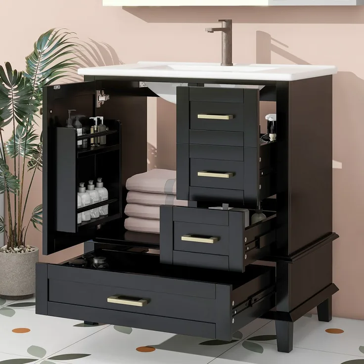 76x46x83,5cm schlichter Badezimmerschrank, komplett lackiert, Türregal, drei geräuschlose Schubladen, verstellbare Regale, integriertes Keramikwaschbecken, Schwarz