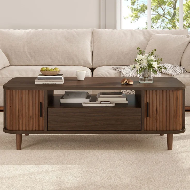 Couchtisch B 100 x T 50 x H 35 cm in Walnussholzfarbe mit Schublade und Rollladentüren – Bild 2