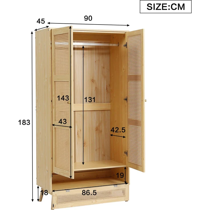 Abrihome Kleiderschrank mit 2 Türen, Rattan-Stange, Schlafzimmer, Beige, 183x145x90 cm – Bild 6