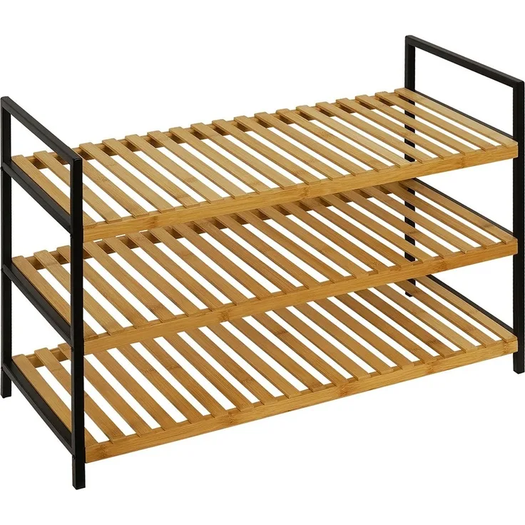 Schuhbank Charline / 300.001746, Bambus, Stahl, Schwarz, Holzfarben, 70 x 49 x 30 cm