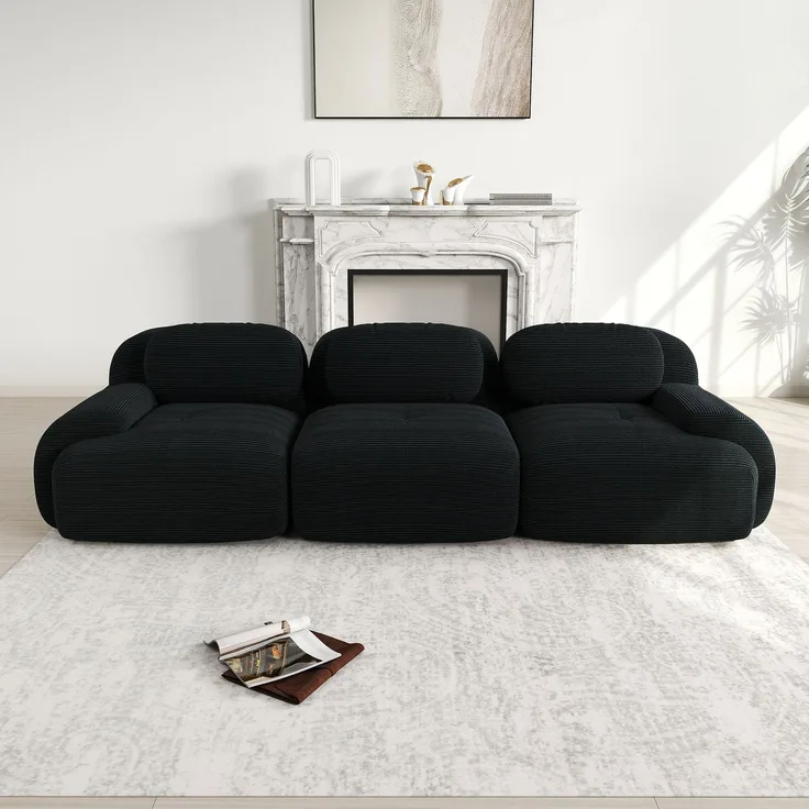 3-Sitzer-Sofa aus Premium-Cordstoff,modular kombinierbar rutschfest ohne Montage ergonomische Armlehnen und hochelastische Polsterung für Wohnzimmer und Schlafzimmer,Premium-Cordstoff,Black,