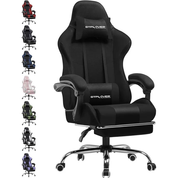 GTPLAYER Gaming Stuhl Stoff, Bürostuhl Massage Gaming Sessel Ergonomischer Gamer Stuhl mit Fußstütze, Kopfstütze Massage-Lendenkissen, Gepolstert Gaming Chair, Drehsessel, weiß