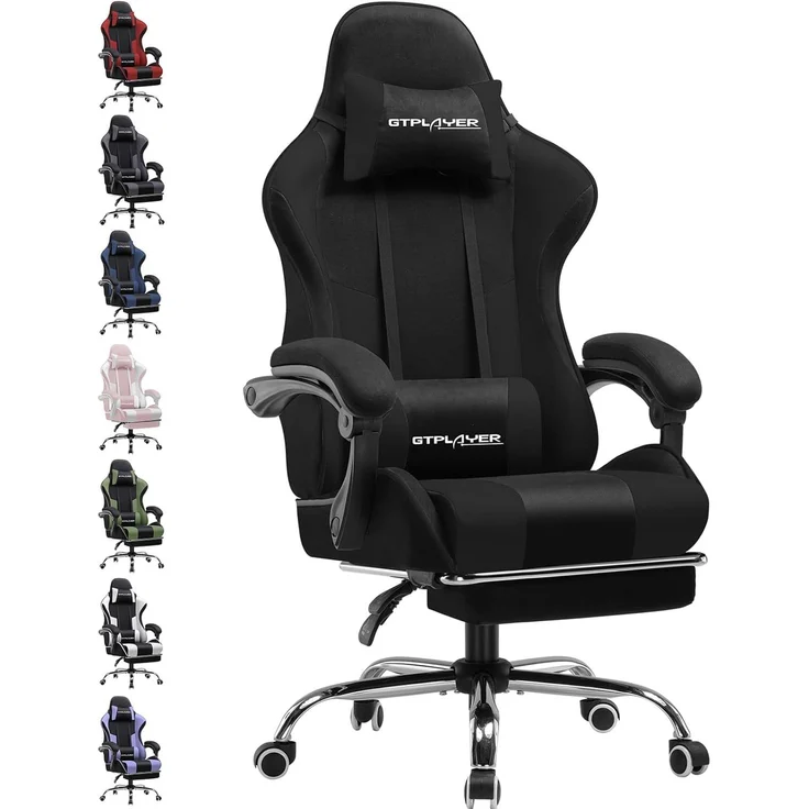 GTPLAYER Gaming Stuhl Stoff, Bürostuhl Massage Gaming Sessel Ergonomischer Gamer Stuhl mit Fußstütze, Kopfstütze Massage-Lendenkissen, Gepolstert Gaming Chair, Drehsessel, weiß
