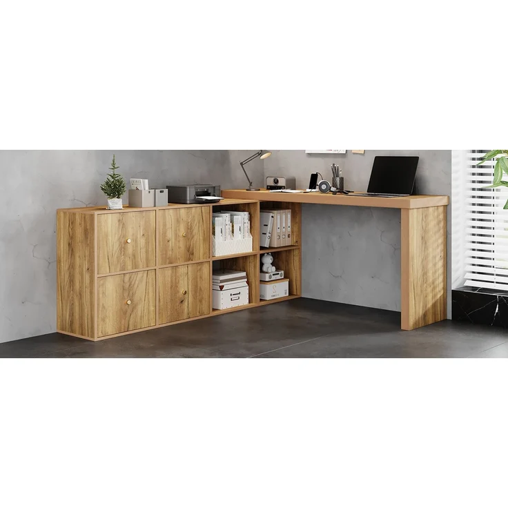 ZUBALIYA Ecktisch, Tischplatte 360°schwenkbar- L-förmig oder gerade aufstellbar,Tischplatte und Beine 4 cm verstärkt, mit 4 Fächern, 4 Schubladen - Schreibtisch,Eichenoptik, nach links gerichtet – Bild 19