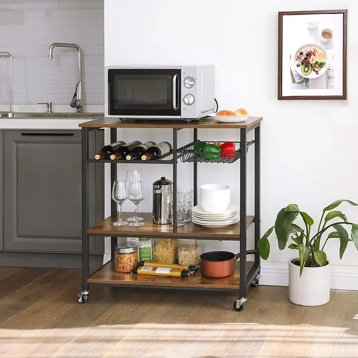 Vasagle Küchenregal mit Metallkorb und Flaschenhalterung, Weinregal, Servierwagen, Küchenwagen, Rollwagen mit 3 Regalablagen, 80 x 40 x 86,5 cm, Industrie-Design, Vintage, dunkelbraun von Songmics KKS80X