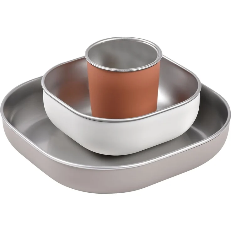 BÉABA, Babygeschirr für Kinder aus Edelstahl, BLW set, 3-teilig, Glas + 2 Teller, Mikrowellen- und Spülmaschinenfest, Gesund,Stabil, Leicht, Unzerbrechlich, Rutschfest, mit Silikonhülle, Terracotta