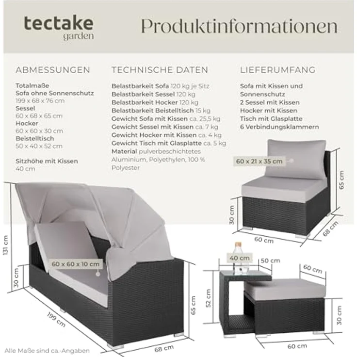 tectake Loungeset Rattan Lounge, (Set, 7-tlg), mit Aluminiumgestell – Bild 7