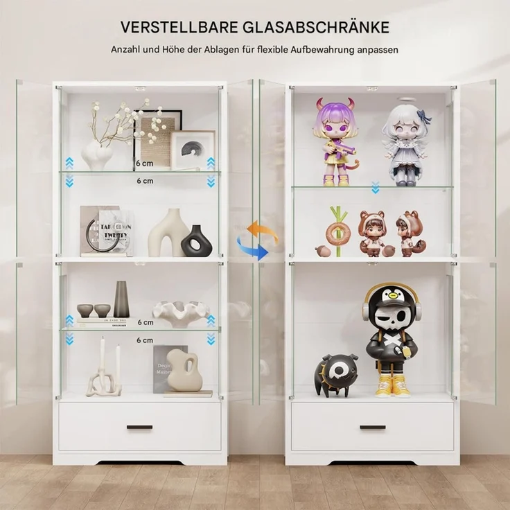 Glasvitrine 75x35x164.5 cm, 4-stöckige Vitrine mit Schublade, LED-Beleuchtung und Bewegungssensor, Weiß – Bild 3