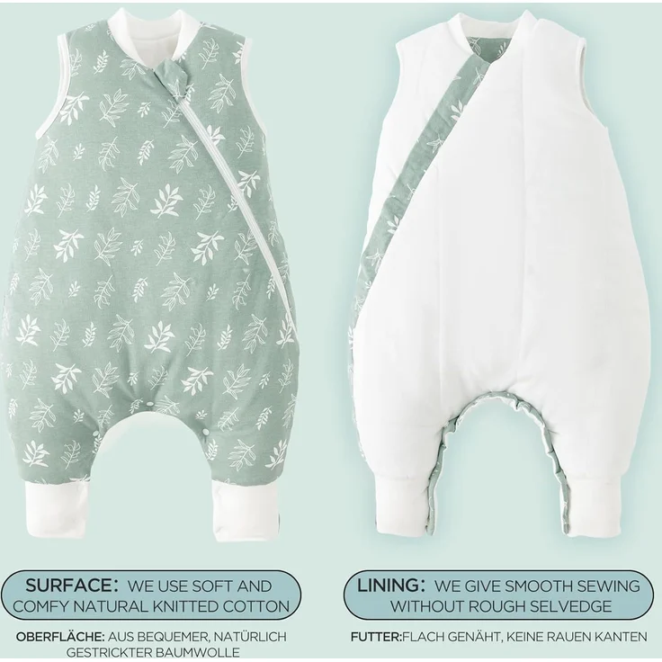 Duomiaomiao Baby Schlafsack, 1x Ganzjahresschlafsack, 1.5tog Grünes Blatt, 65cm / Baby Körpergröße 70-80cm, 100% Baumwolle – Bild 7