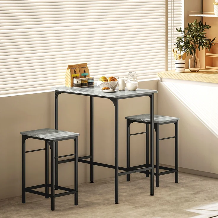 MELAYR, Bartisch Set Bartisch mit Barhocker-Set Esstisch mit 2 Stühlen mit Rutschfestem Fußpolster Grau, 80 x 50 x 87 cm – Bild 4