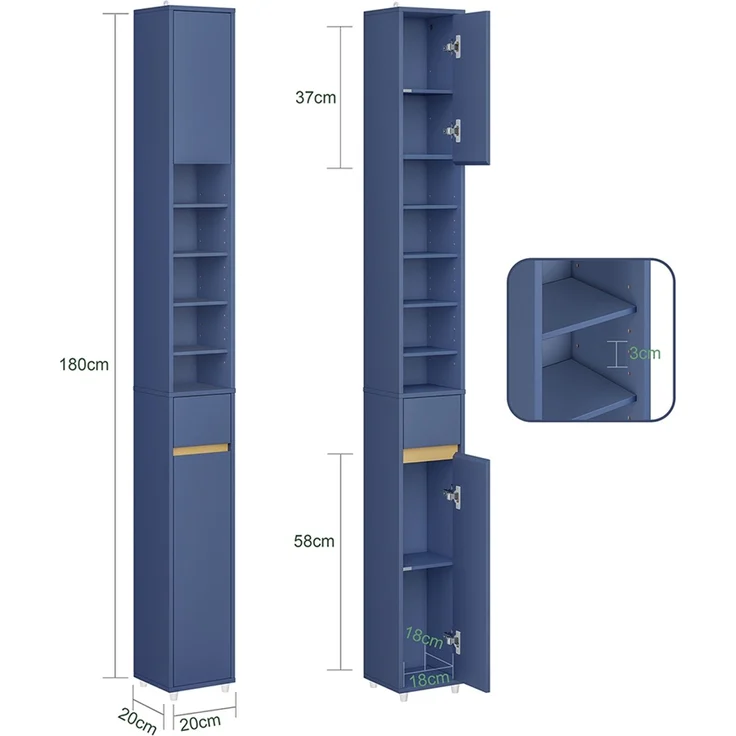 SoBuy BZR34-II-B Badezimmer-Hochschrank, MDF, Lackiert, Blau, 65 x 170 x 32 cm – Bild 3