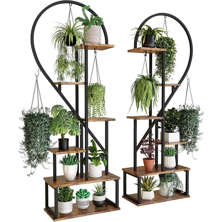 UNHO Pflanzentreppe Blumenregal Blumentreppe Schwerlast mit Hacken Pflanzenregal Herz-Blumenständer Balkon aus Metall Braun 112x28x165 cm