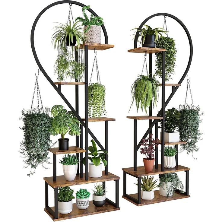 UNHO Pflanzentreppe Blumenregal Blumentreppe Schwerlast mit Hacken Pflanzenregal Herz-Blumenständer Balkon aus Metall Braun 112x28x165 cm – Bild 1