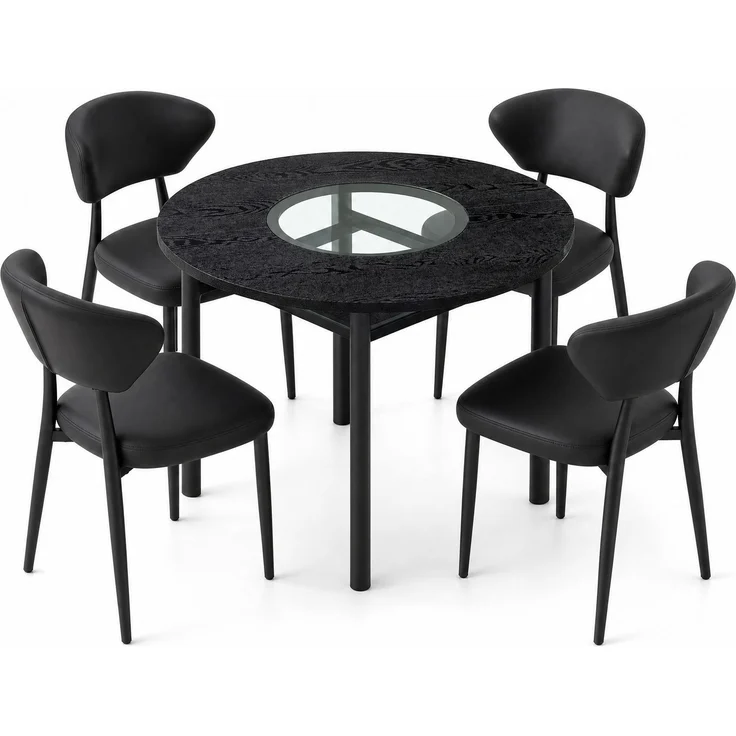 Essgruppe mit rundem Tisch Ø 100x76 cm, Glasablage und PU-Sitzen, Schwarz – Bild 3