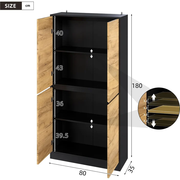 Hochschrank mit verstellbaren Einlegeböden, 80x35x180 cm, Schwarz/Eichenholzoptik – Bild 4