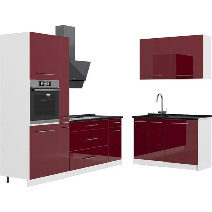Küchenzeile Fame-Line Bordeaux Hochglanz/Weiß 220x120 cm, AP Anthrazit Vicco – Bild 1