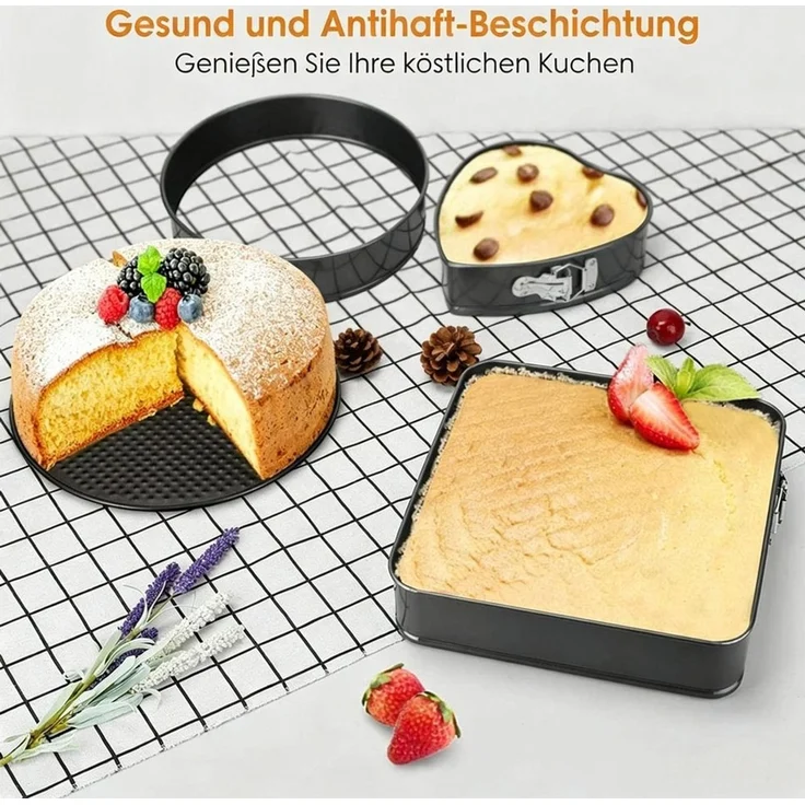 Kityhome Springform Kuchenform Backform Set 3tlg 24 26 28 cm,antihaft Carbonstahl, (3-tlg), eckig,rund,herzförmig(11/10.2/9.4in),hitzebeständig bis 220°C – Bild 3