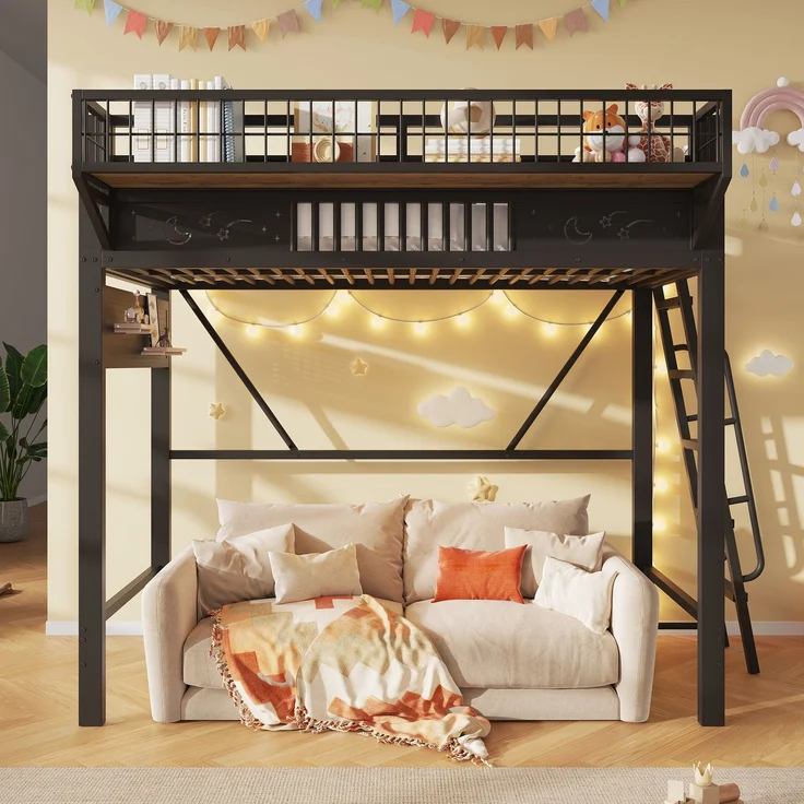 Hochbett, 90 x 200 cm, Metallbettgestell, Staufächer, offene untere Ebene, Ohne Matratze, Schwarz – Bild 1