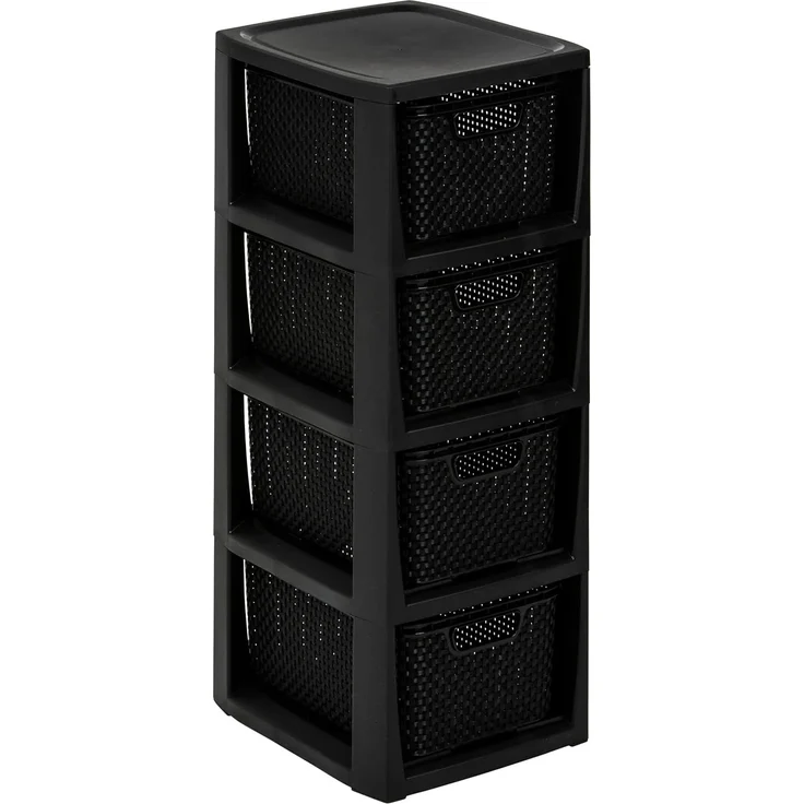 BranQ - Home essential Regal in Rattan Design, BPA-freie Kunststoff PP, Schwarz, 29,5 x 24 x 64,2 cm, 4 Körben