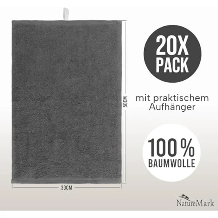 NatureMark 20x, 100% Baumwolle Gästetücher, anthrazit/grau, 20er Pack 30x50 cm, 20 – Bild 3