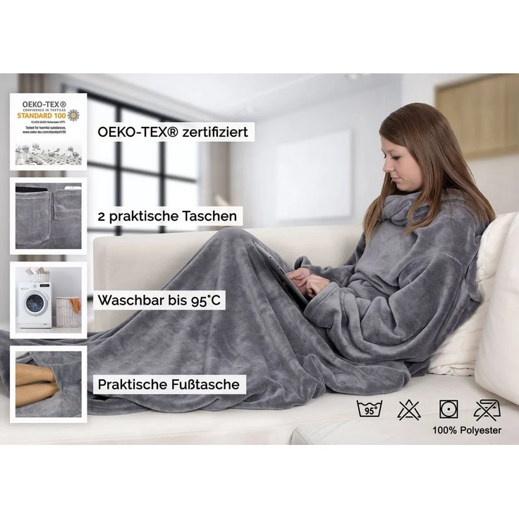 Wohndecke, ZOLLNER, mit Ärmeln und zwei Taschen, 170 x 200 cm, 100% Polyester, mit Ärmeln und zwei Taschen – Bild 2