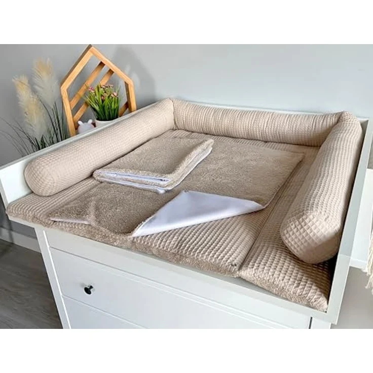 Wickelauflage Set 6-teilig – Wickelunterlage aus Waffelstoff & Frottee mit Druckknöpfen – Baby Wickelauflage – Wickeltischauflage – 75x70 cm (Breite x Tiefe), Altbeige – Bild 6