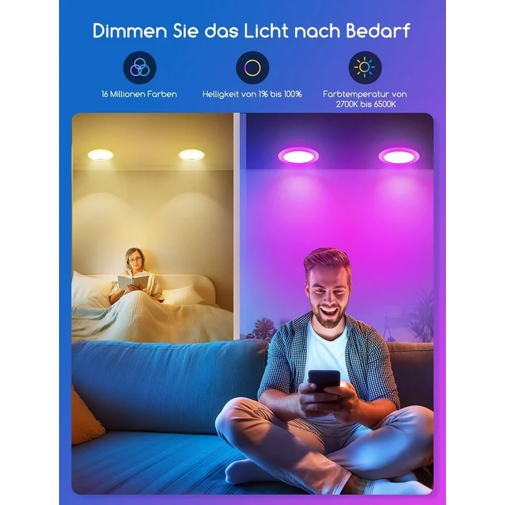 Aigostar LED Einbauleuchte Smart Decken Einbaulampe RGB+CCT Kompatibel mit Alexa Bluethooth Mesh, Ф100-110mm – Bild 3