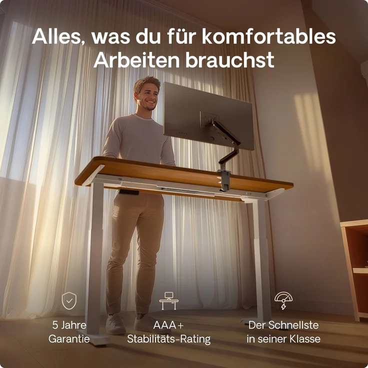 Desktronic HomeOne Elektrisch höhenverstellbarer Schreibtisch 140x70cm Weiß/Walnuss mit Memory-Funktion, Anti-Kollisions Technologie, USB-A und USB-C-Ladeanschlüssen – Bild 2
